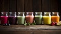 Variety of Colorful Smoothies on Wooden Surface Royalty Free Stock Photo