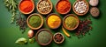 Variety of colorful spices, seasonings and herbs in bowls on a green background. Top view. Concept of cooking Royalty Free Stock Photo