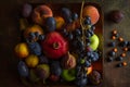 Variety of colourful fruits: pomegranate, grapes, peaches, plums, apples, figs on square platter Royalty Free Stock Photo