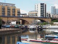 A variety of colourful houseboats at Limehouse Marina in east London with apartments in the background