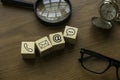 Variety of contact approach. Icon of phone, email, post and chat on a wooden cube