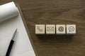 Variety of contact approach. Icon of phone, email, post and chat on a wooden cube