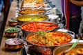 Variety of cooked curries on display at Camden Market Royalty Free Stock Photo