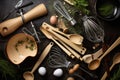 a variety of cooking utensils, including whisks, spoons and spatulas Royalty Free Stock Photo