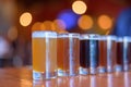 Variety of beer samples lined up for a tasting Royalty Free Stock Photo