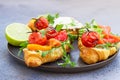 Variety of croissant sandwiches with grilled pepper, tomatoes, smoked salmon, turkey, avocado and arugula served with micro green Royalty Free Stock Photo