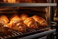 A variety of croissants are seen baking in a heated oven, emitting a mouthwatering aroma, fresh croissants in rack in bakery oven Royalty Free Stock Photo