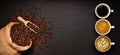 Variety of cups of coffee and coffee beans in burlap sack on black background Royalty Free Stock Photo