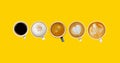 Variety of cups of coffee on colour background