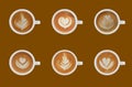 Variety of cups of coffee latte on colour background Royalty Free Stock Photo