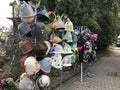 A variety of cute fabric hats are on sale on the lakefront around the Trakai Island Castle in Trakai, Lithuania.