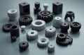 Variety of 3D printed objects arranged on table. Assortment of gears, components, models. Tech innovation, manufacturing, Royalty Free Stock Photo