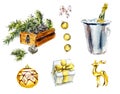 Watercolor set of christmas elements in gold colors.