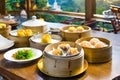 A variety of delicious dim sum in bamboo steamers, showcasing culinary diversity Royalty Free Stock Photo