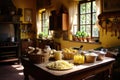 A variety of delicious food overflowing on a sturdy wooden table, ready to be savored, An authentic Italian farmhouse kitchen with