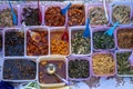 Variety of delicious Malaysian home cooked dishes sold at street market stall in Kota Kinabalu, island Borneo, Malaysia