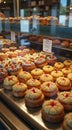 Variety of delicious pastries on display in bakery shop window Royalty Free Stock Photo