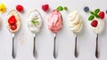 Variety of delicious yogurts displayed on spoons against white background, realistic image