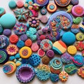 Variety of different bright creative patterned buttons. Yellow, pink, blue, green, purple play modeling dough sculptures