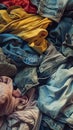 A variety of different colored clothes piled on top of each other, creating a stack of laundry. The clothes appear to be