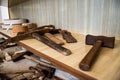 Variety of different hammers from the museum of ancient crafts in the city of Valli del Pasubio, Italy