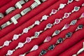Variety of different  jewelry silver rings in red velvet box Royalty Free Stock Photo