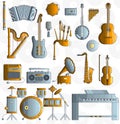Variety of different music instruments and playing equipment. Layout modern vector background illustration design