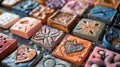 A variety of different shaped and sized clay nameplates each one personalized with unique designs and text. Royalty Free Stock Photo