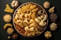 variety of different shapes and types of dry pastas in bowl