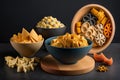 variety of different shapes and types of dry pastas in bowl