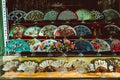 A variety of different Spanish hand fans on display for sale, Sevilla Seville , Andalucia, Spain