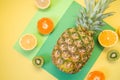 Variety of Different Tropical Seasonal Summer Fruits. Citrus Orange Pineapple Lemons on Overlapping Paper in Trendy Pastel Colors: