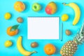 Variety of Different Tropical and Seasonal Summer Fruits. Pineapple Mango Coconut Citrus Oranges Lemons Apple Kiwi Bananas Notepad