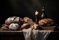 A variety of different types of bread and bread rolls nicely decorated on a dark background, AI generated
