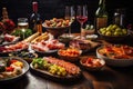 A variety of different types of food displayed on a wooden table, A table spread of Spanish tapas with sangria, AI Generated Royalty Free Stock Photo