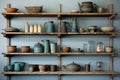 A variety of different types of pottery, including vases, bowls, and figurines, neatly arranged on a shelf, Vintage kitchenwares