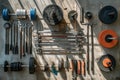 A variety of different types of tools hanging on a wall in a neat and organized manner, A detailed take on the different equipment Royalty Free Stock Photo