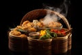 variety of dim sum in a bamboo basket with steam