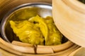 Variety of dim sum in bamboo steam containers