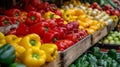 A variety of a display case filled with different types and colors of peppers, AI Royalty Free Stock Photo