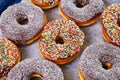 Variety donuts dark chocolate coated with sprinkles and jimmies and coconut shavings on others