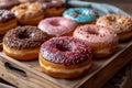 Variety of donuts with sprinkles, multicolored collection, homemade baking, cake, pastry and dessert, sweet food