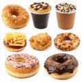 A variety of doughnuts, coffee, and assorted foods are meticulously arranged in a neat grid pattern for an appealing Royalty Free Stock Photo
