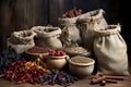 variety of dried chili peppers in rustic burlap sacks