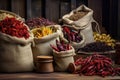 variety of dried chili peppers in rustic burlap sacks
