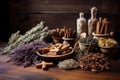 a variety of dried herbs on a wooden table Royalty Free Stock Photo