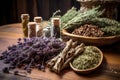 a variety of dried herbs on a wooden table