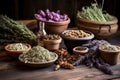 a variety of dried herbs on a wooden table Royalty Free Stock Photo