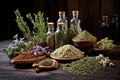 a variety of dried herbs on a wooden table Royalty Free Stock Photo