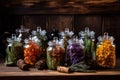 variety of dried medicinal herbs in glass jars Royalty Free Stock Photo